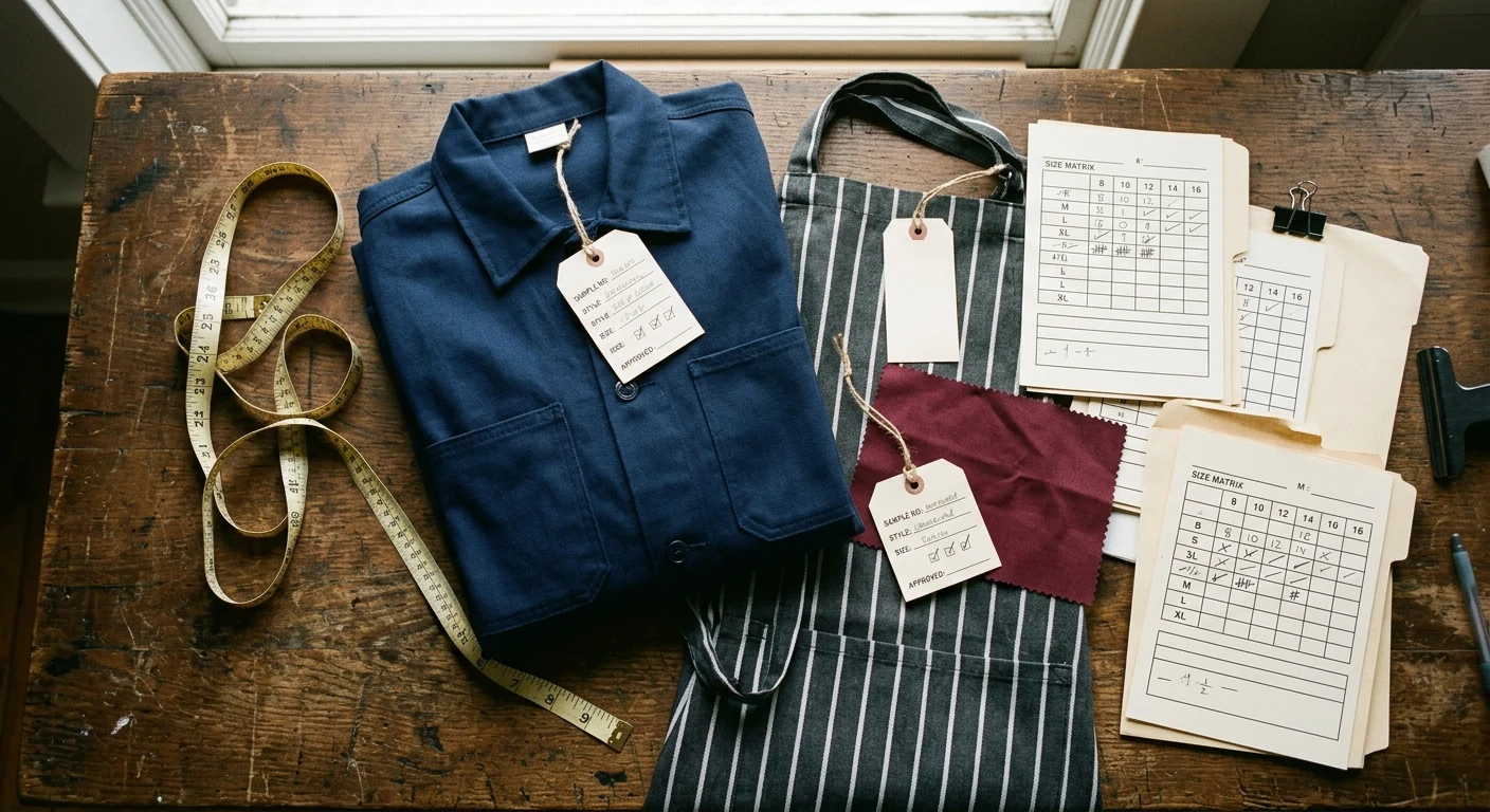 Uniform size matrix, measuring tape and sample approval tags arranged for review.