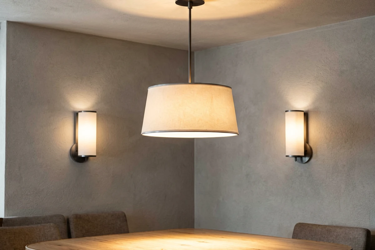 Restaurant dining zone with a central pendant fixture and wall lighting.