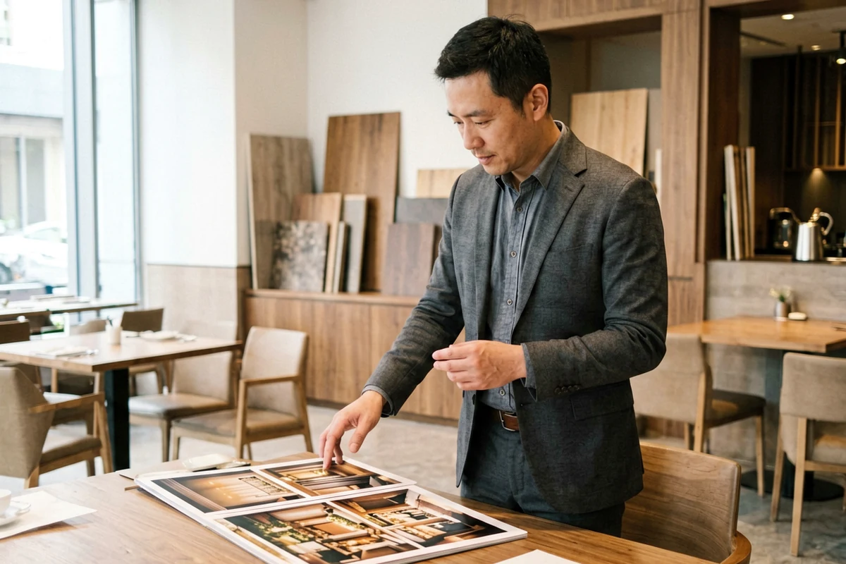 Designer reviewing architectural lighting plans and fixture samples.
