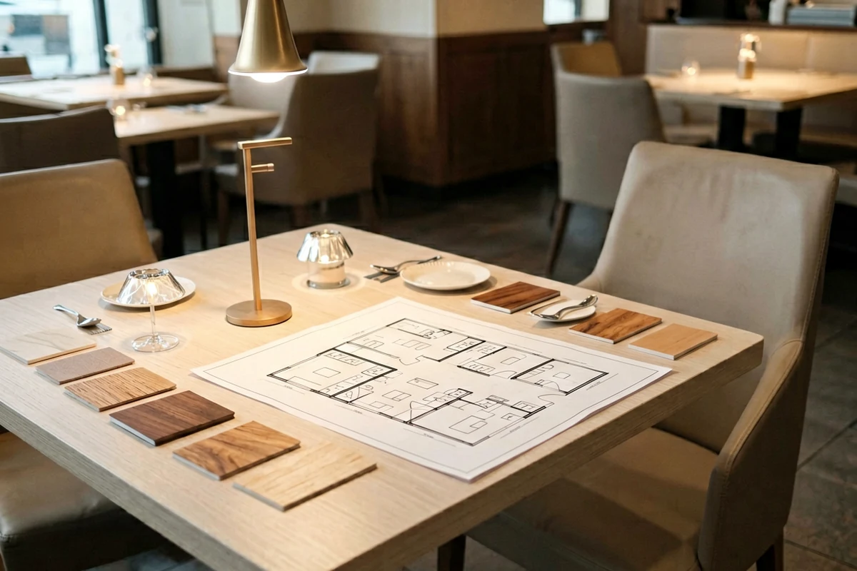 Restaurant floor plan and finish samples arranged for lighting layout review.