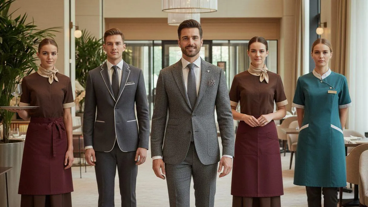 Luxury hotel staff uniform shown as a visual-system reference.