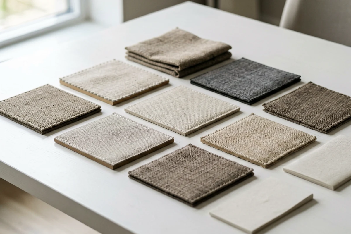 Neutral fabric and color swatches arranged for supplier comparison.