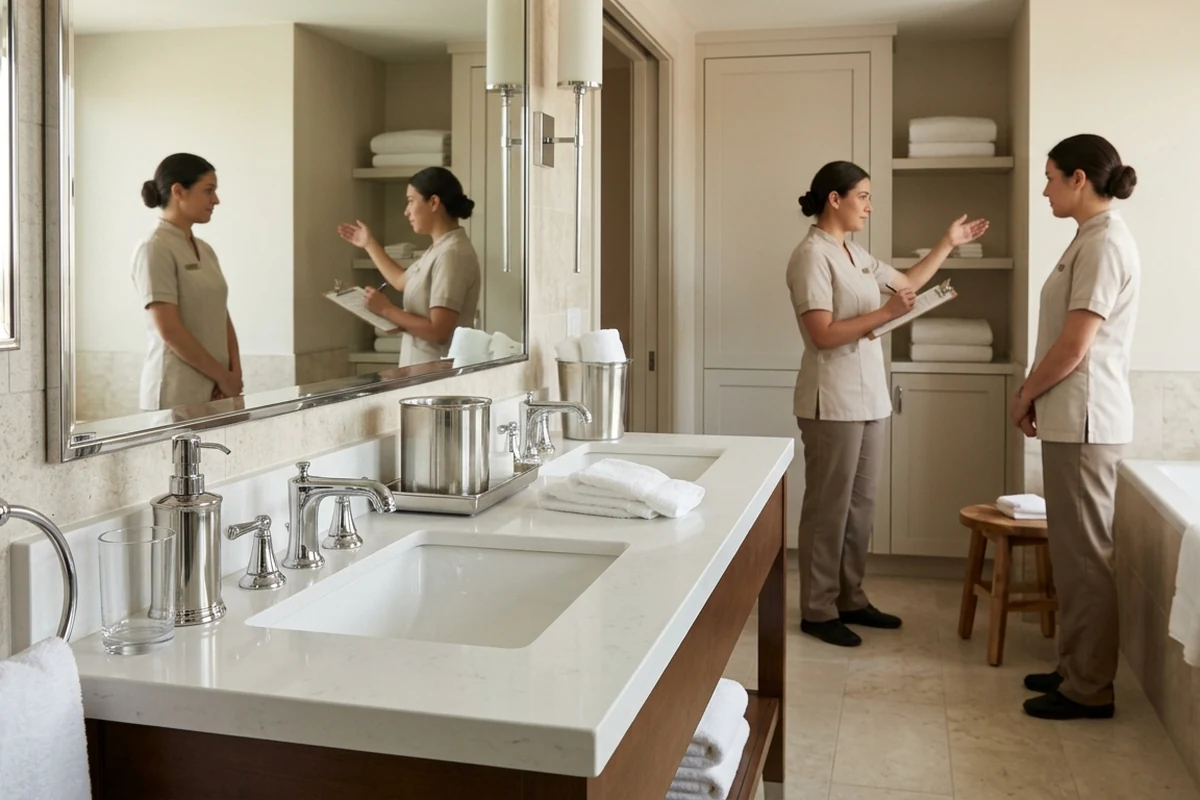 Hotel staff using a checklist during an operational uniform and appearance review.
