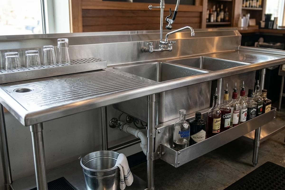 Commercial underbar sink and drying station with below-counter storage.