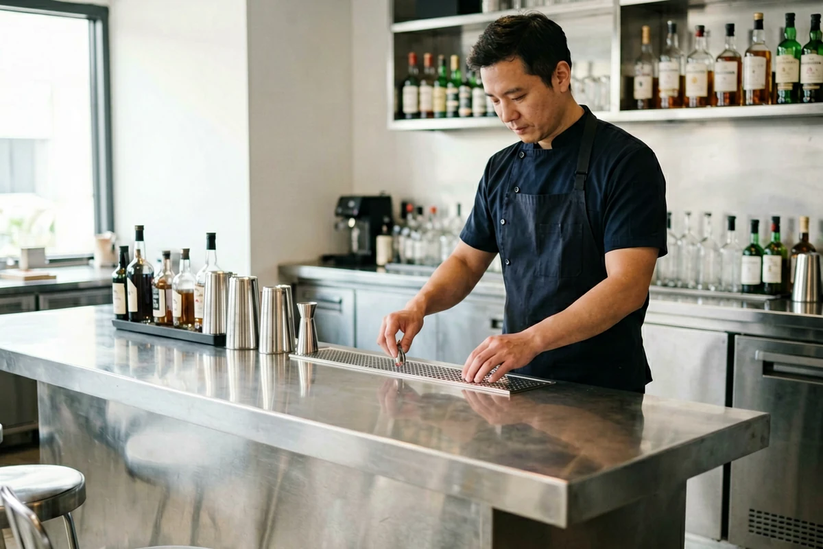 Bartender working at a stainless steel underbar station.