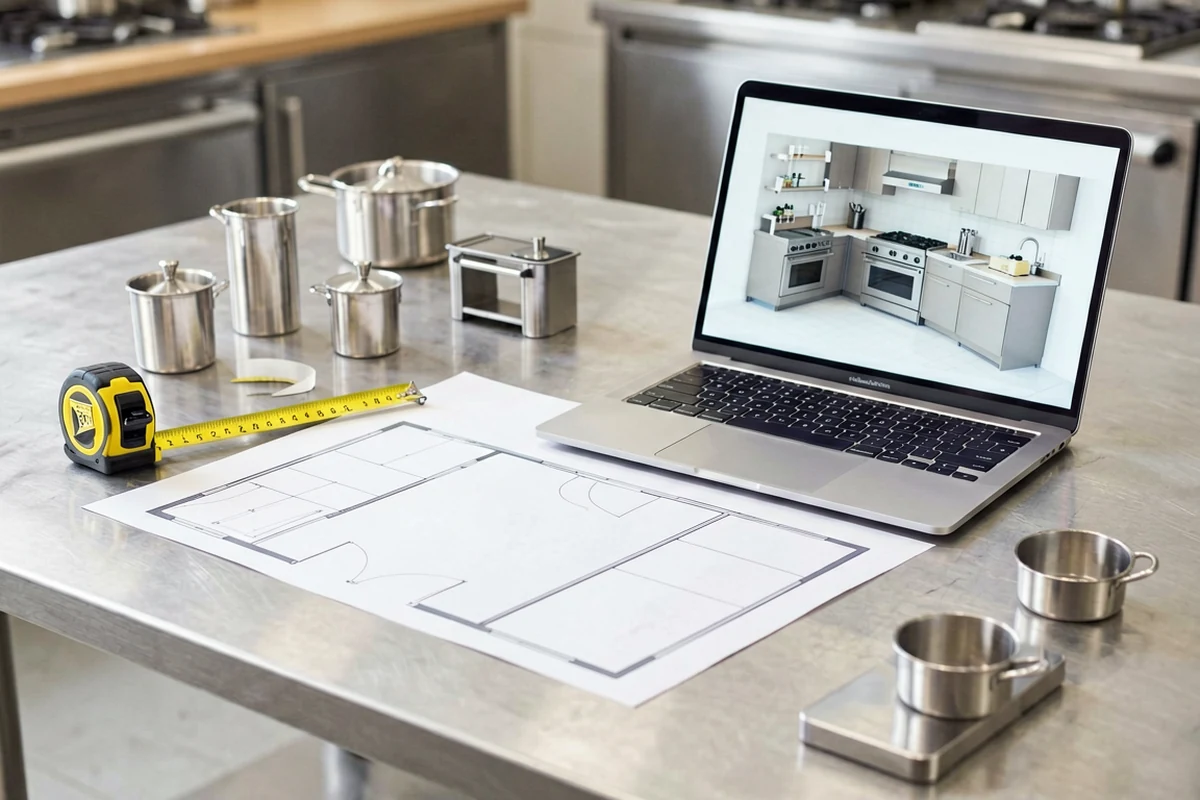 Equipment layout documents, measuring tools and a three-dimensional planning view.
