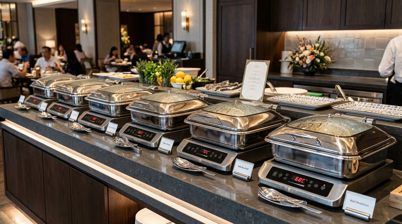 Row of commercial stainless steel induction chafing dishes with hydraulic glass lids and digital temperature displays