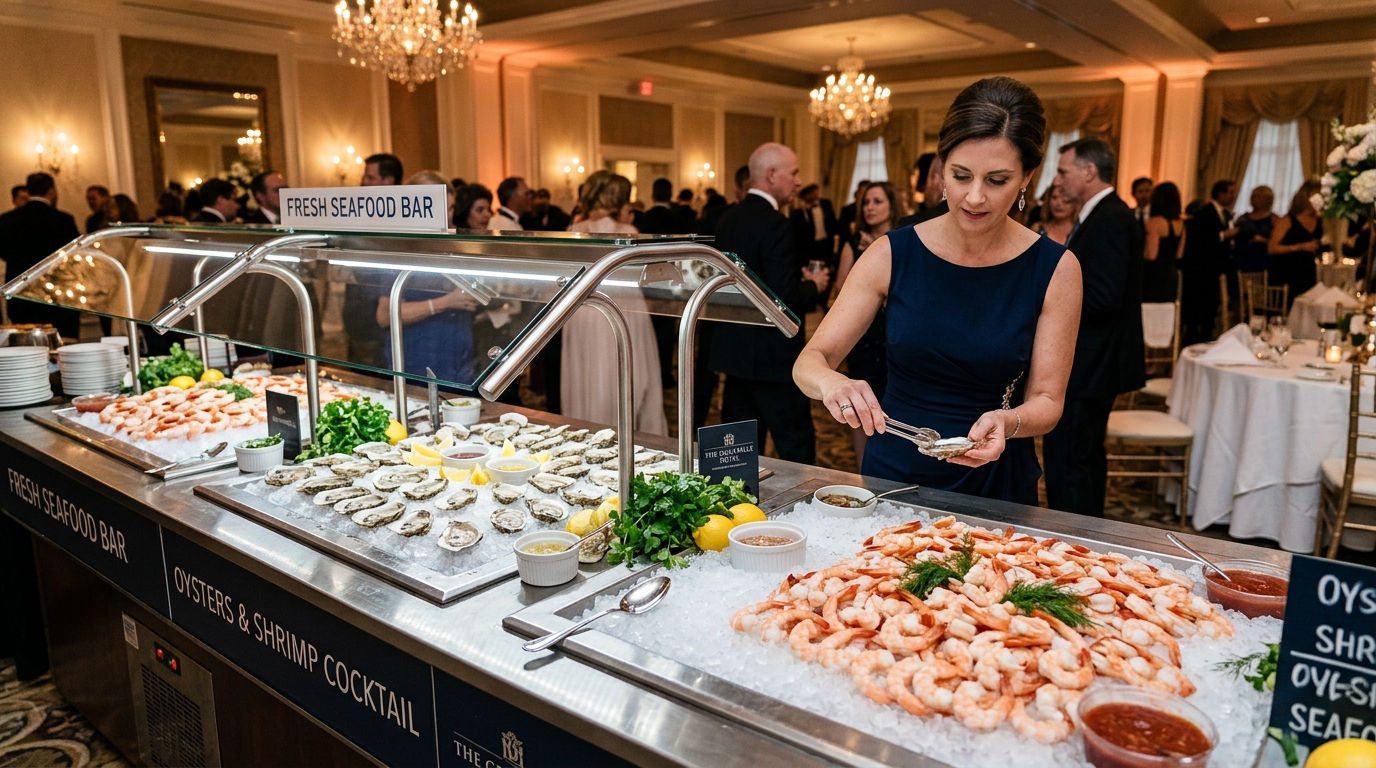 Commercial refrigerated cold buffet display bar with crushed ice, fresh oysters, shrimp cocktail, and tempered glass sneeze guards