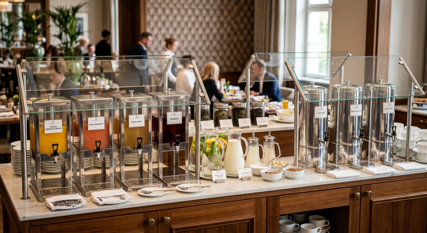 Commercial hotel breakfast juice and hot beverage station with glass sneeze guards and polished stainless steel dispensers