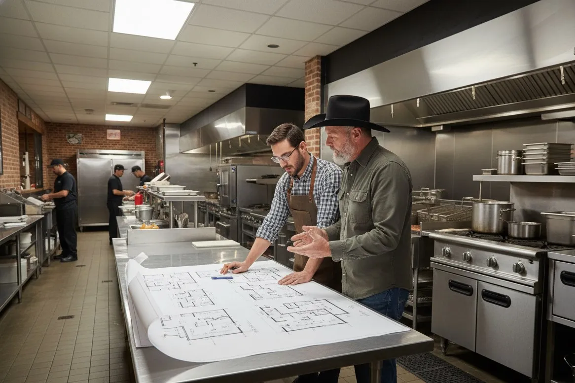 A restaurant manager and a contractor reviewing architectural blueprints for a commercial kitchen layout while staff cook in the background.