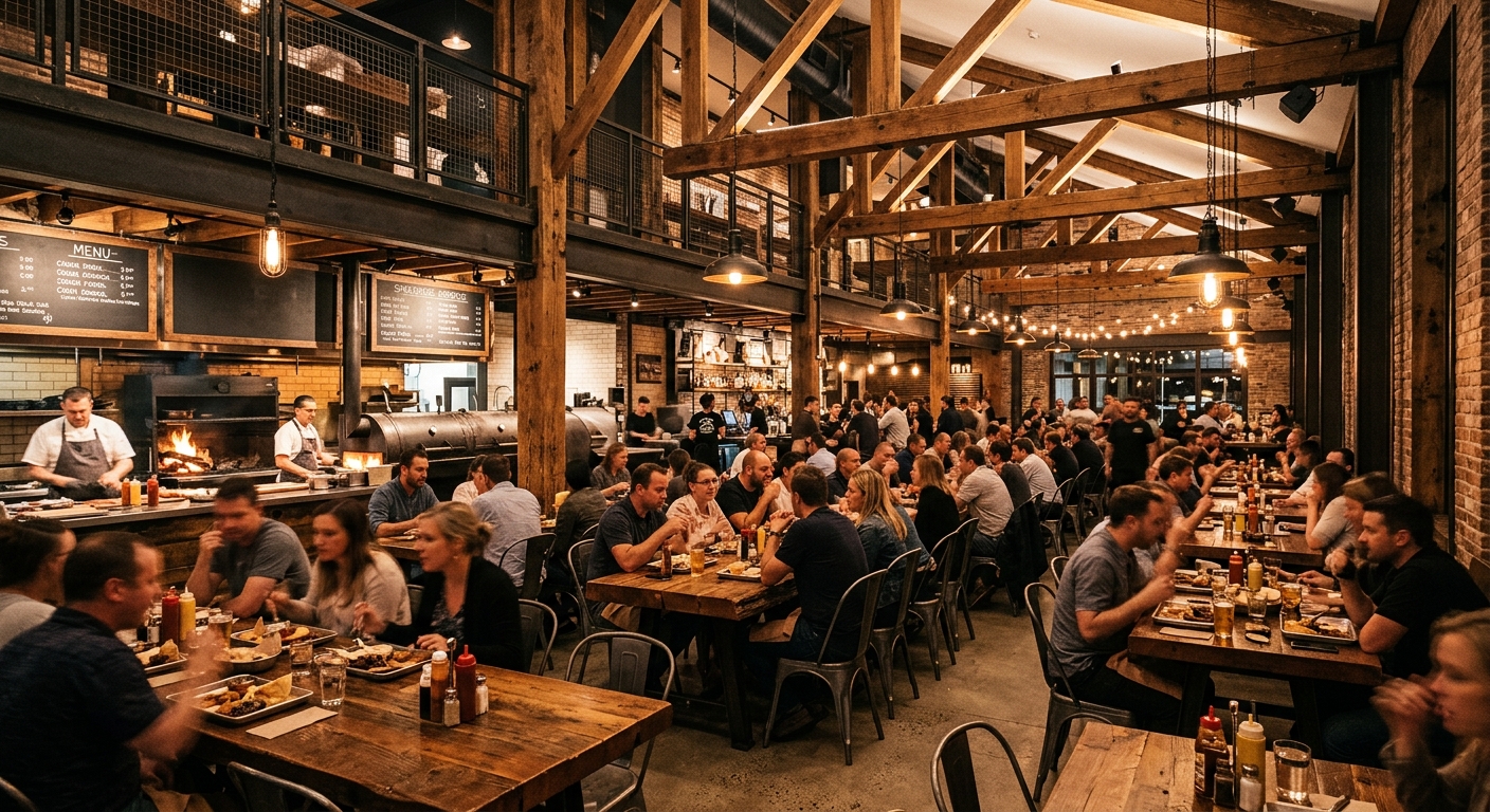 Modern high-volume American BBQ restaurant dining room featuring rustic solid timber tables and industrial blackened steel framing