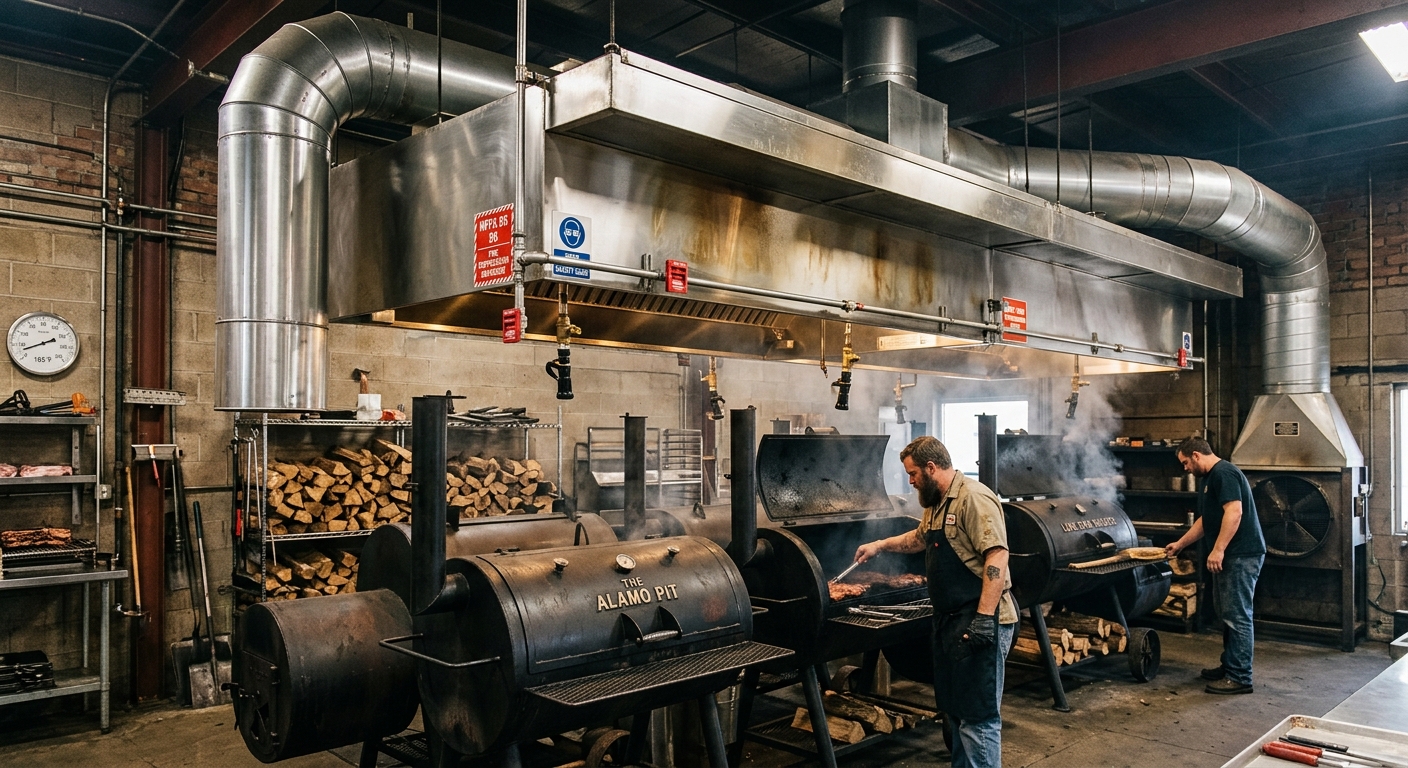 Commercial Texas-style BBQ wood smoker pit room with heavy-duty Type 1 NFPA 96 exhaust hood and fire suppression system