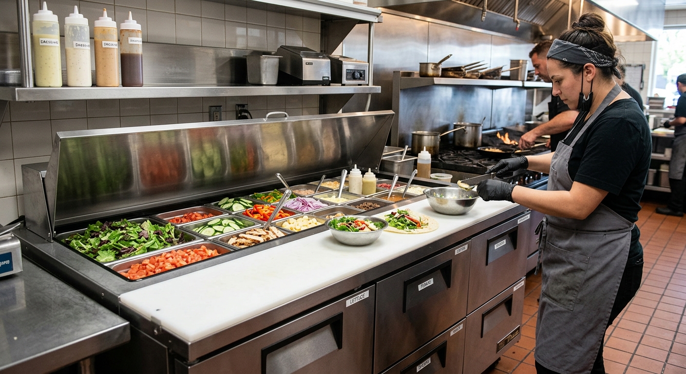 Commercial refrigerated sandwich and salad prep table with stainless steel food pans and cutting board in commercial kitchen line