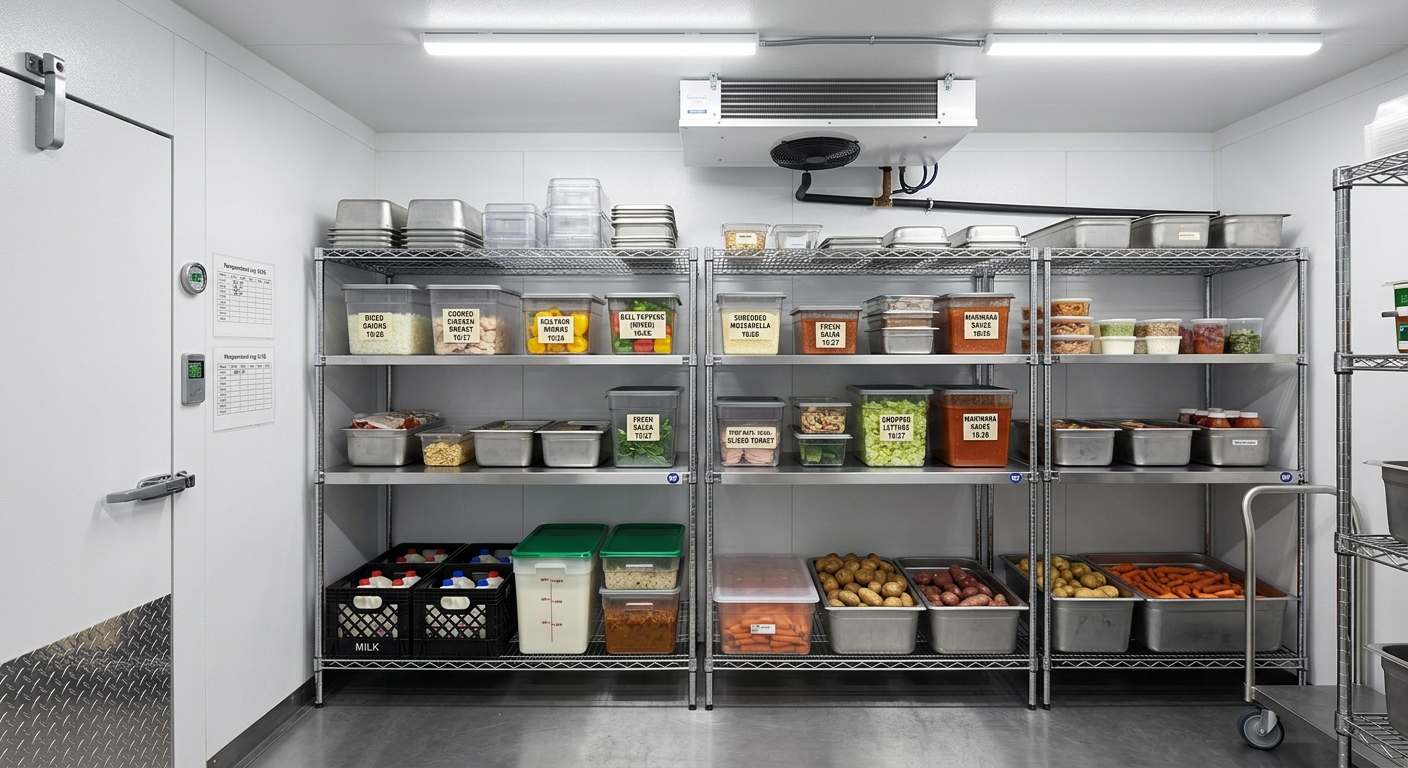 Organized walk-in cooler interior with commercial NSF wire shelving, labeled food containers, and LED lighting