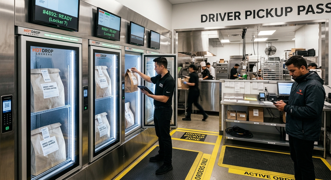 Commercial food delivery staging area with heated holding lockers and organized delivery driver pickup pass