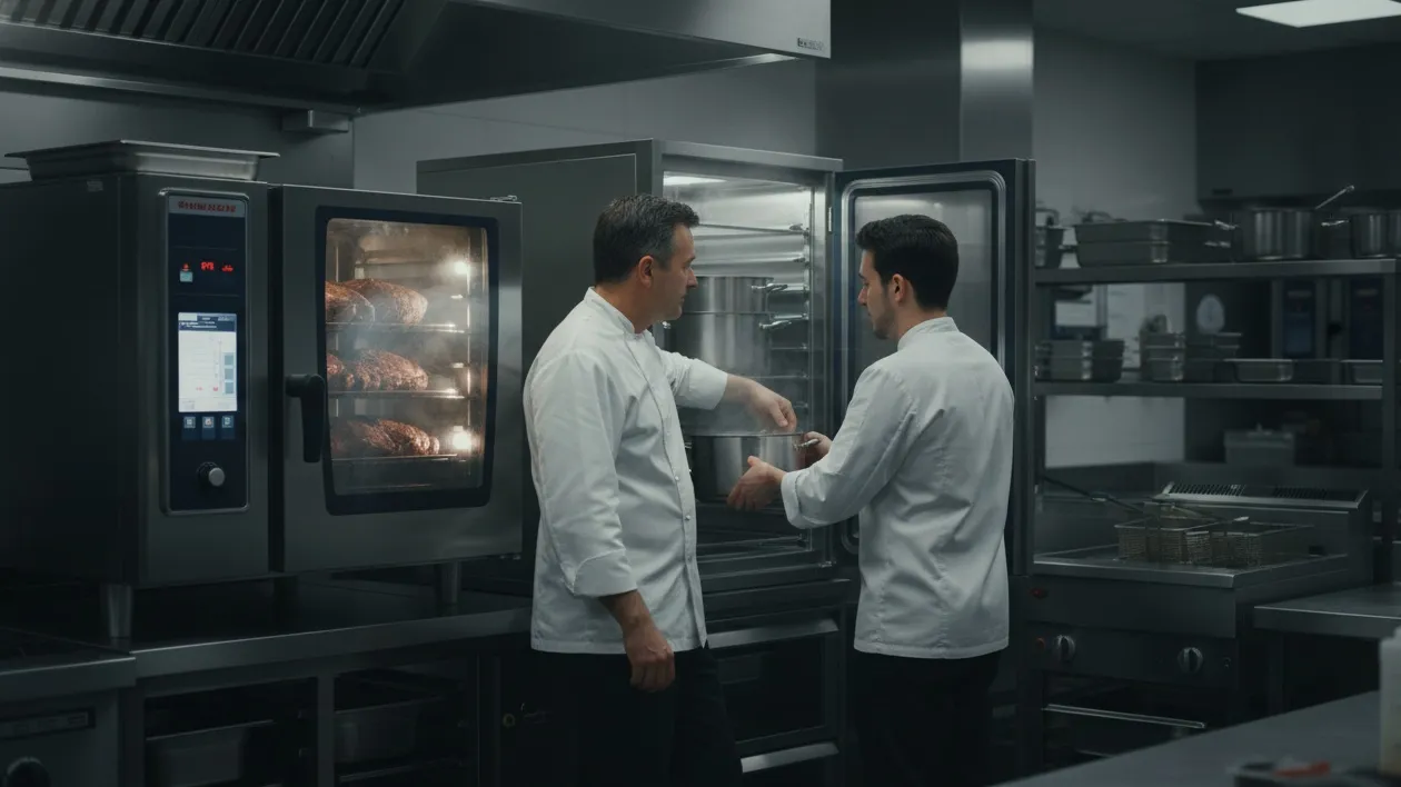Two chefs checking roasted meat in a combi oven and commercial refrigerator on a professional cookline.
