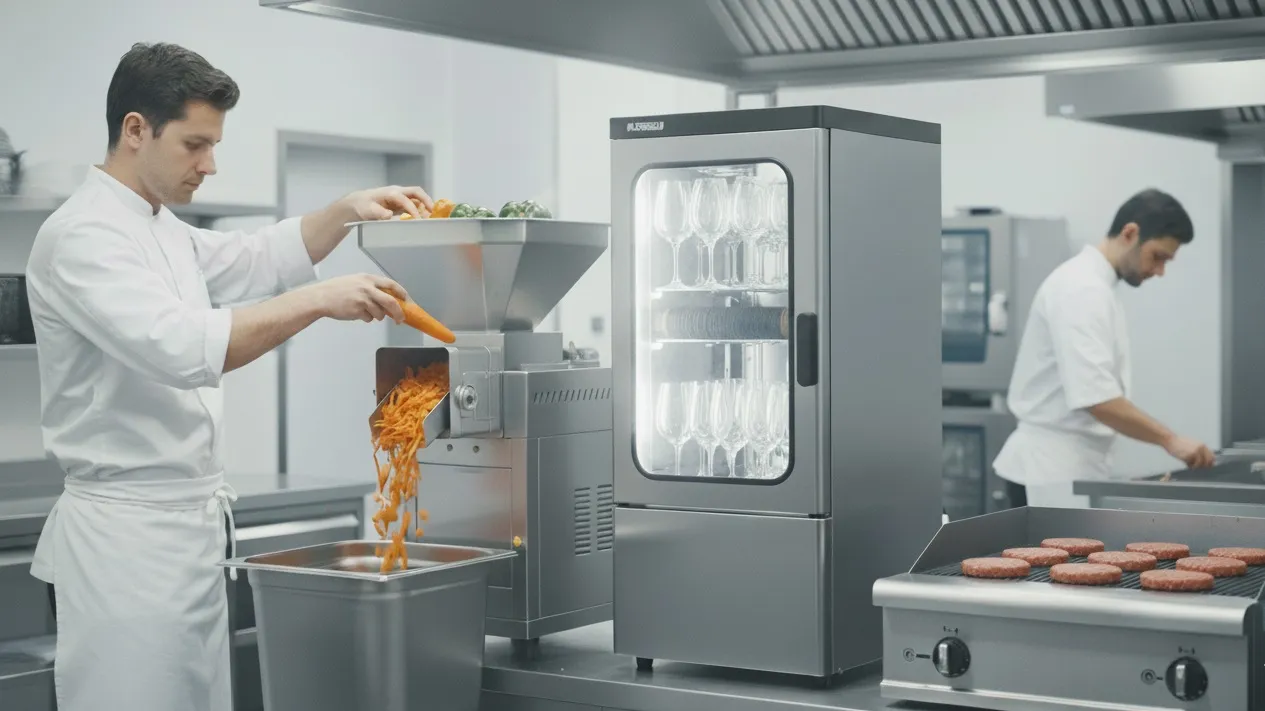 Chef using an automated vegetable slicer beside a glassware cabinet in a modern commercial kitchen.