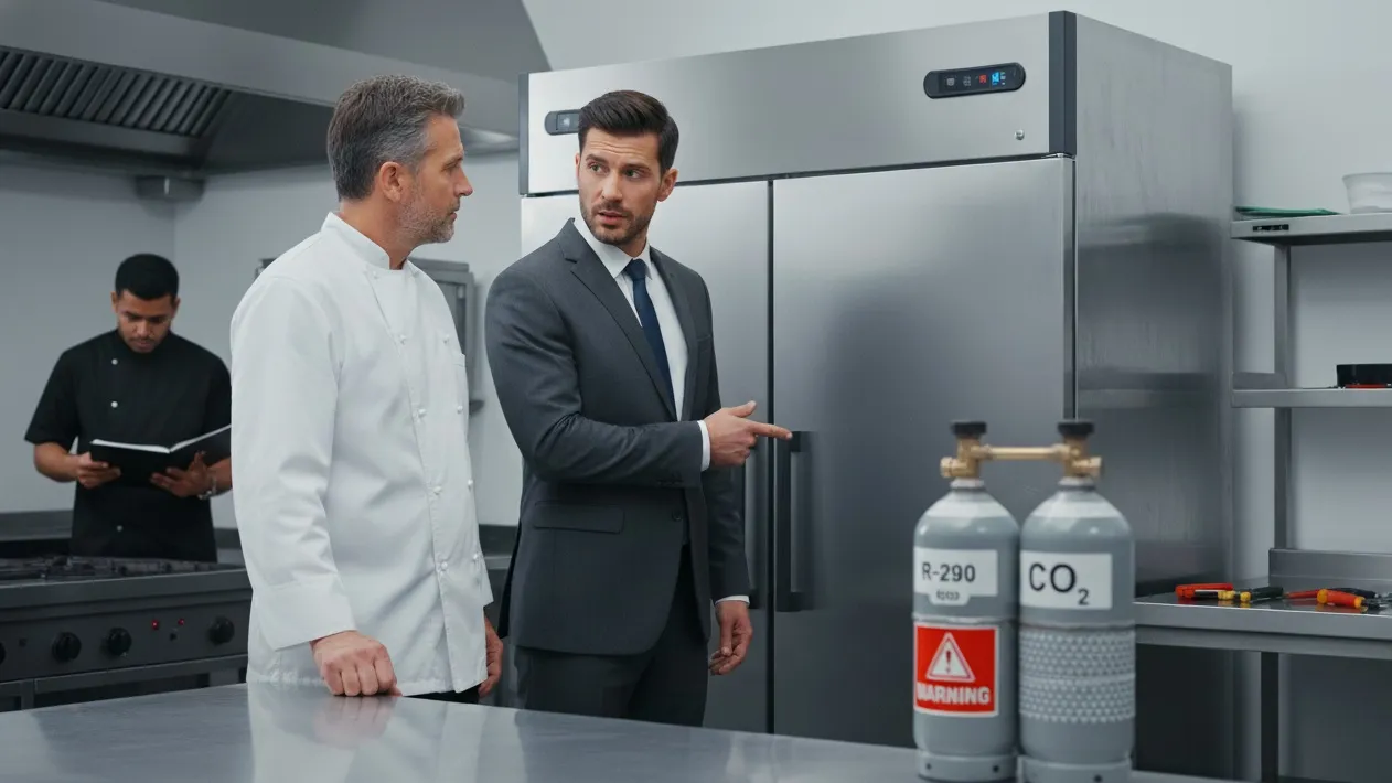 Chef and manager discussing a commercial refrigerator with R-290 and CO refrigerant cylinders on a stainless counter.