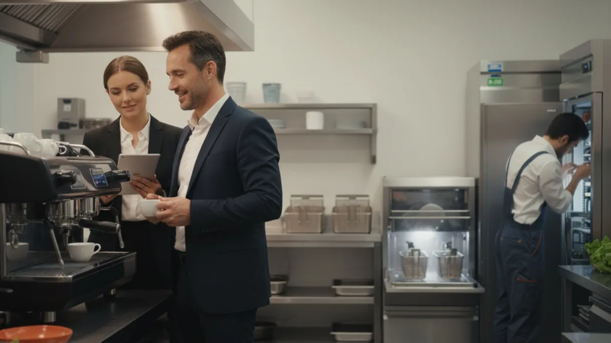 Manager and barista reviewing data on a tablet next to an espresso machine while a technician services a refrigerator in the background.