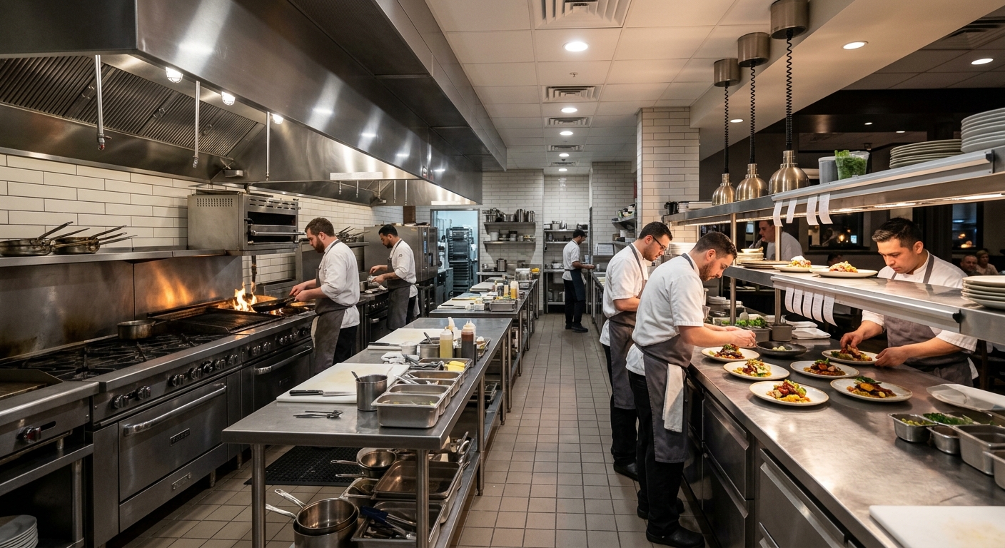 Commercial restaurant kitchen production pass with stainless steel chef worktables and high-turnover plating line