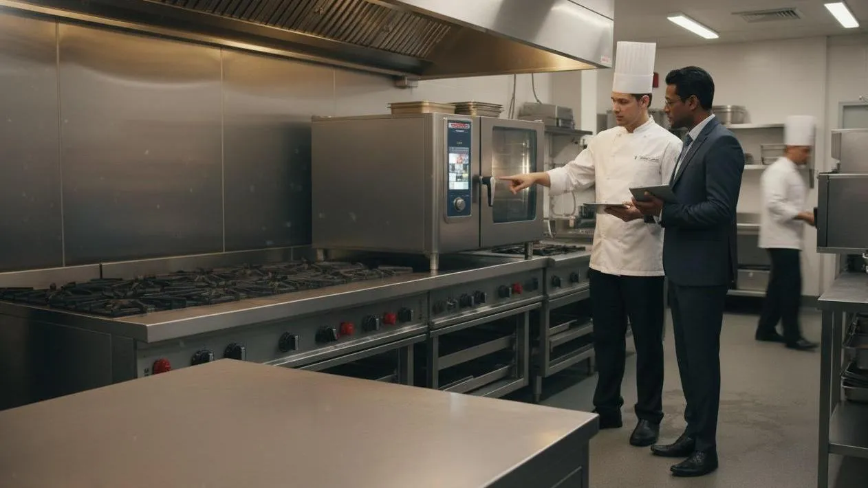 Chef presenting a combi oven and cookline to a manager in a stainless-steel hotel kitchen.
