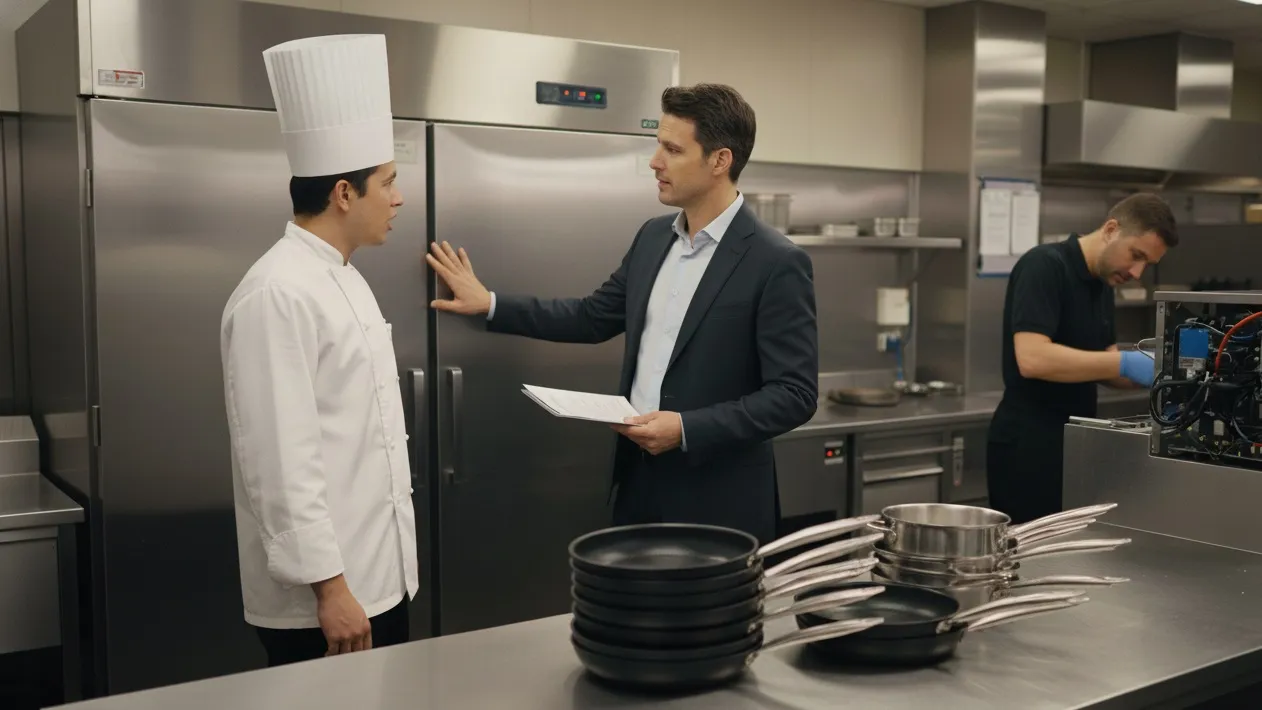 Chef and manager reviewing commercial refrigeration while a technician services kitchen equipment in the background.
