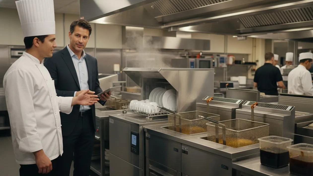 Chef and manager discussing dishwashing and fryer equipment in a modern commercial kitchen.
