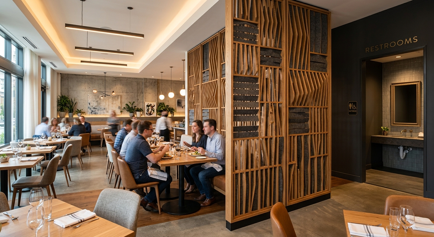 Modern hospitality dining room featuring decorative acoustic screen barrier separating dining tables from restroom corridor