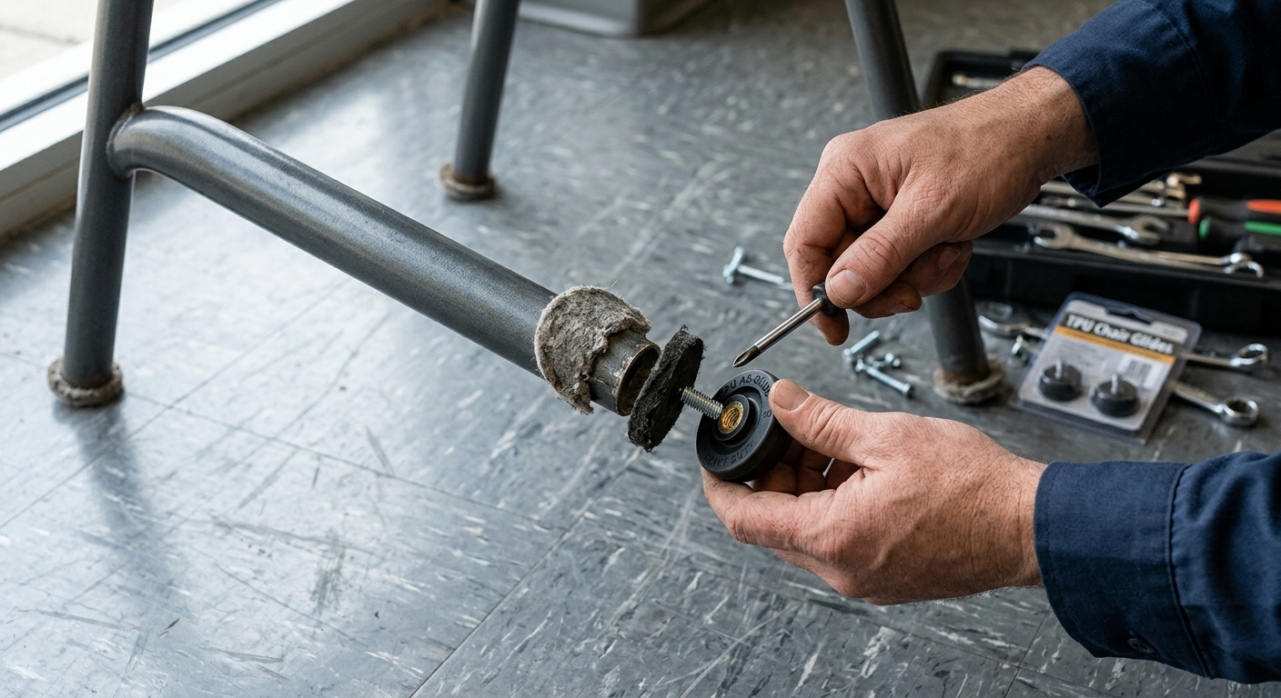 Close-up of technician replacing worn felt pad with heavy-duty screw-in TPU acoustic chair glide on steel chair leg