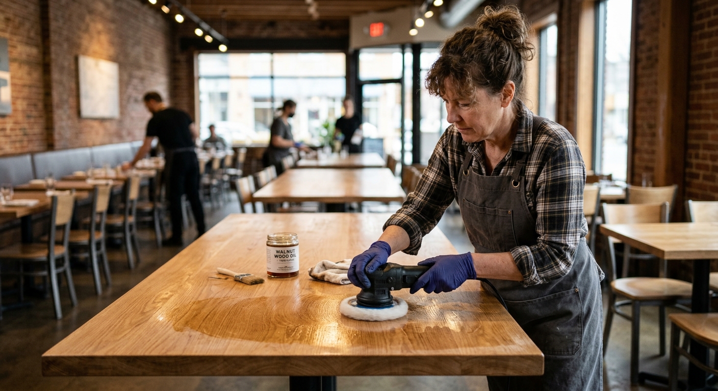 Restoration specialist applying food-safe protective wood oil and buffer to commercial solid oak restaurant tabletop