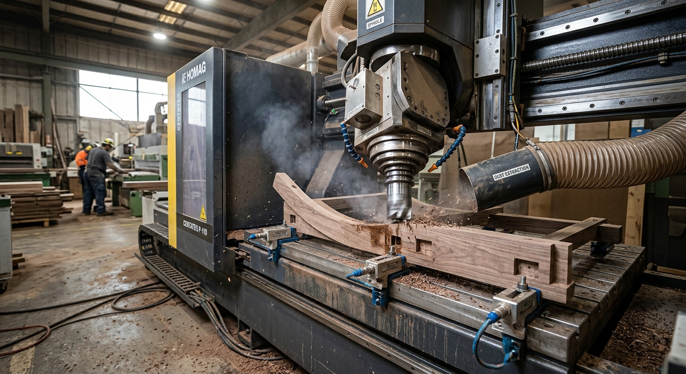 Industrial 5-axis CNC machining center cutting precision mortise and tenon joints in commercial hardwood chair frames