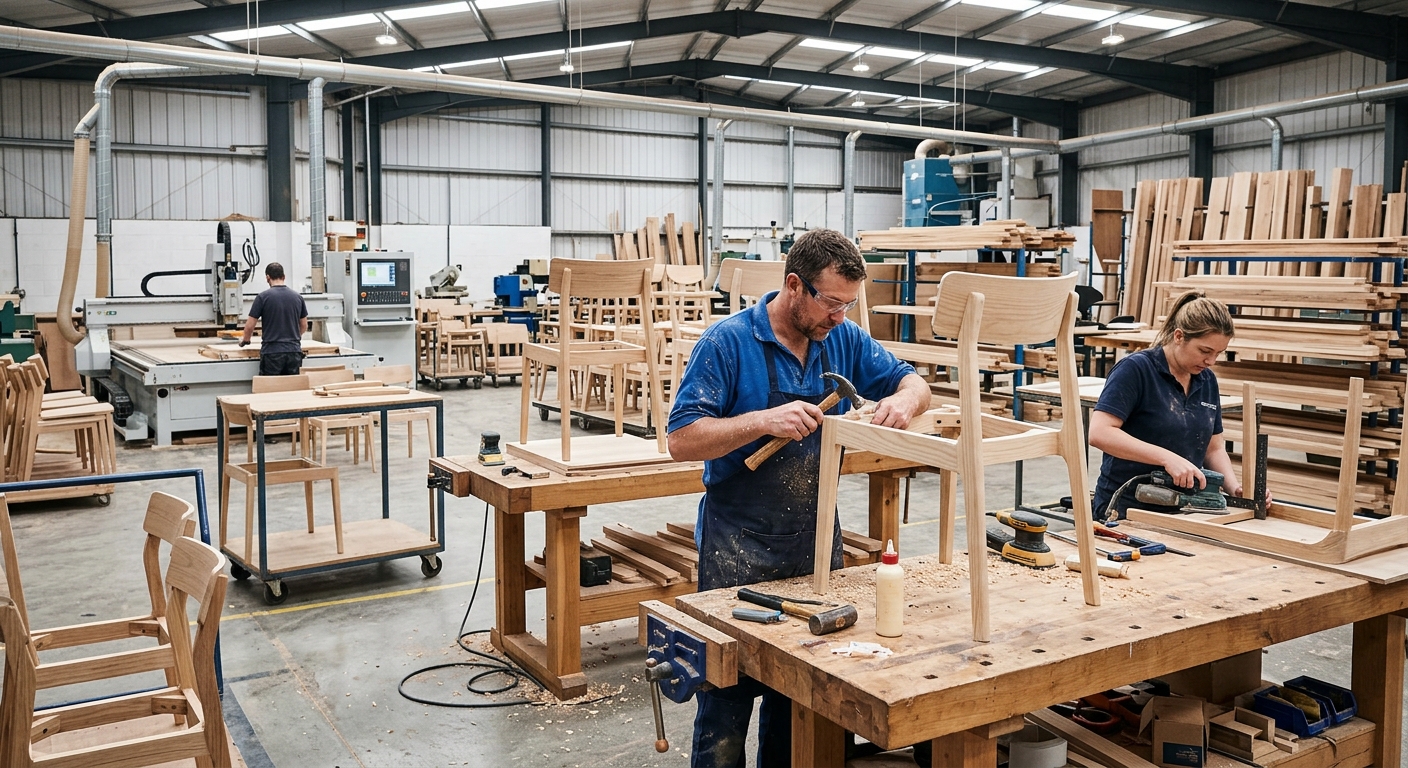 Modern commercial furniture factory floor showing solid ash and oak dining chairs during precision woodworking assembly