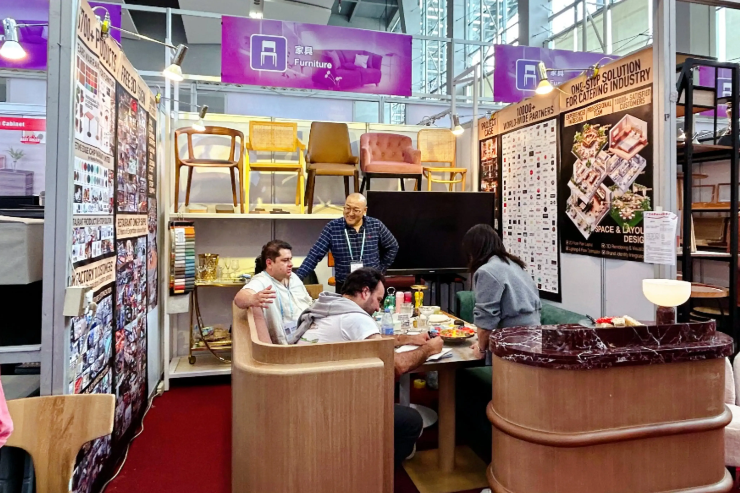 Commercial dining booth and furniture demonstration to international clients