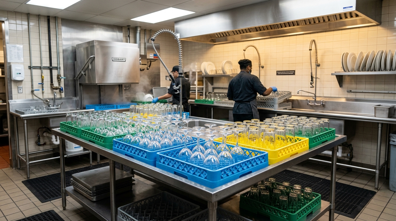 Commercial restaurant warewashing area with clean glass racks holding stemware and tumblers on stainless steel prep tables.