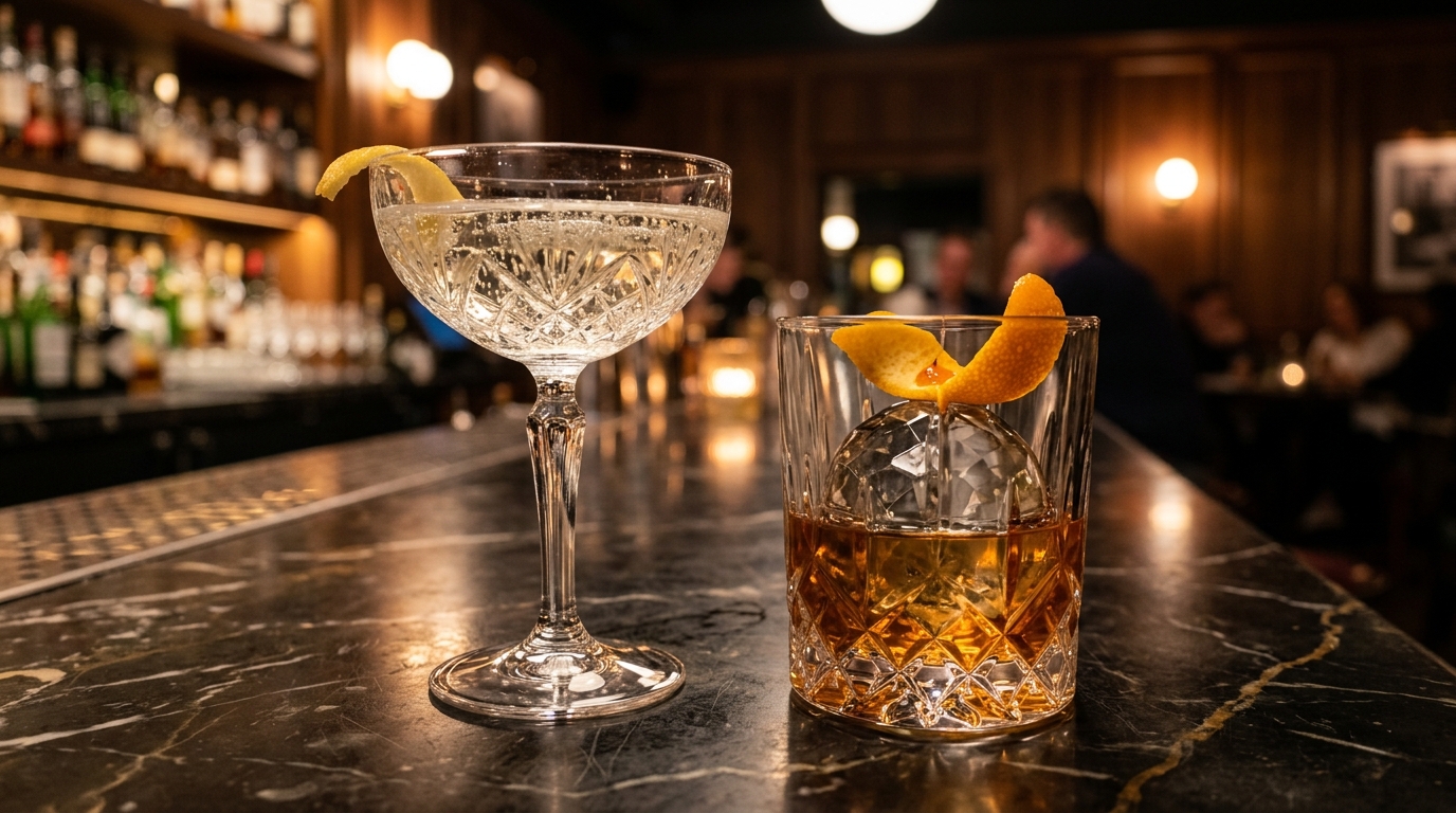 Close-up of luxury craft cocktail bar glassware featuring a faceted crystal coupe and heavy-sham rocks glass with ice sphere.