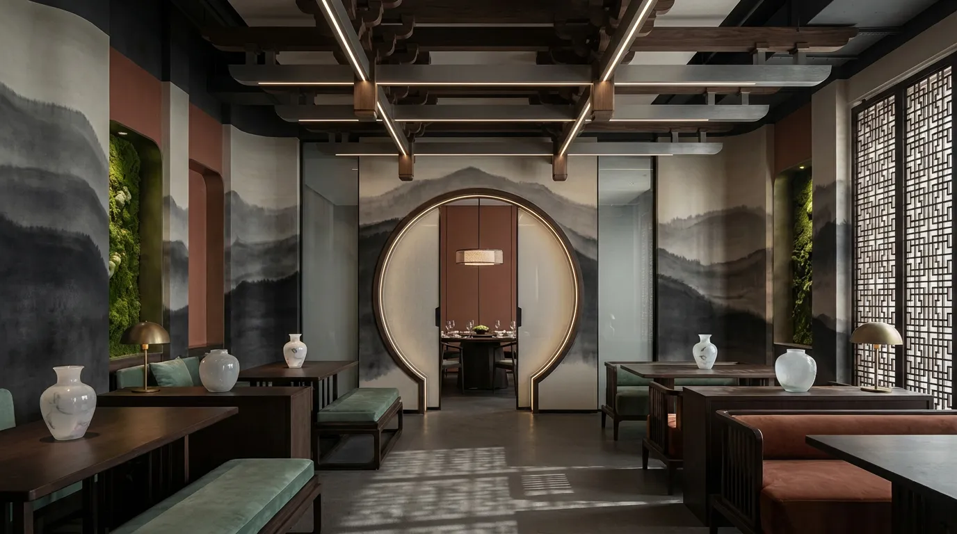 Neo-Chinese restaurant interior featuring a large moon gate doorway, ink wash mountain landscape murals, and modern wooden beam ceiling structures, blending traditional Eastern aesthetics with contemporary minimalist design.
