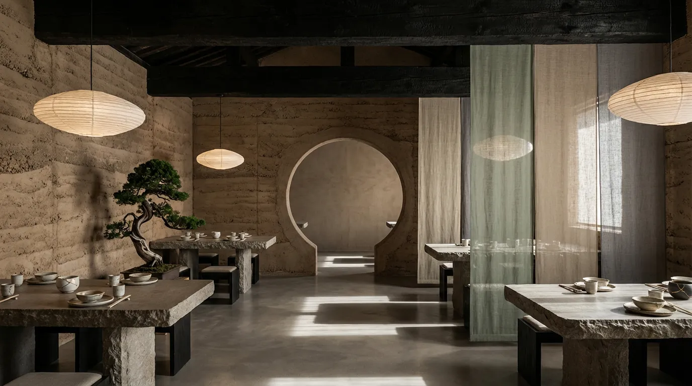 Modern Zen wabi-sabi restaurant interior featuring rammed earth walls, a traditional moon gate, rough stone dining tables, and a large bonsai tree centerpiece for a serene tea house atmosphere.