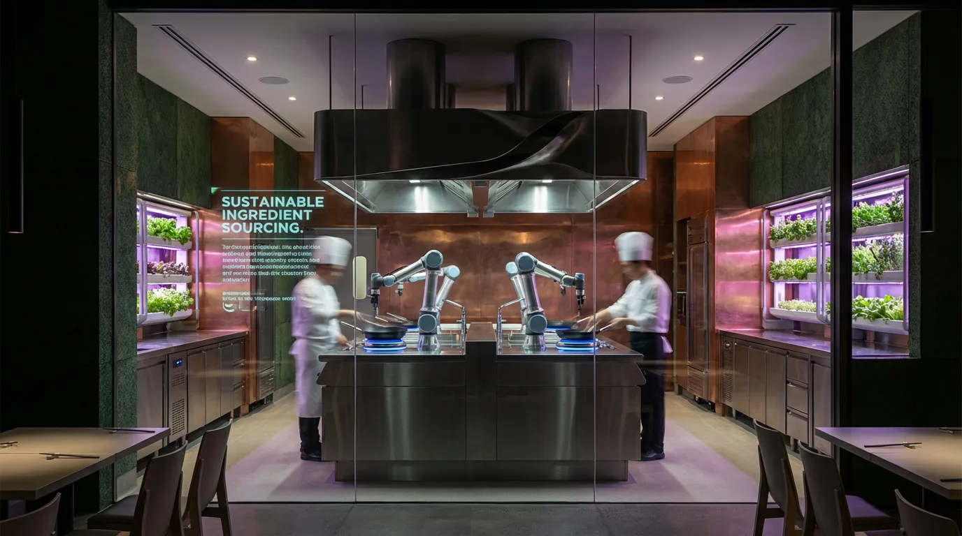High-tech theatre open kitchen showcasing dual robotic chef arms cooking at stainless steel stations, framed by vertical farming units growing fresh herbs for a sustainable 'farm-to-table' concept.