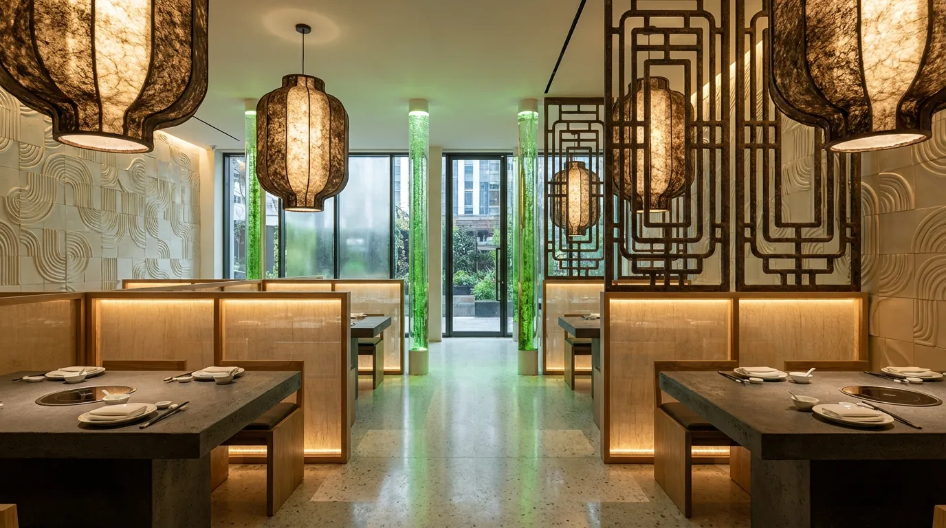 Eco-luxury restaurant interior showcasing sustainable mycelium wall panels with 3D texture, algae bio-reactor glass columns for air purification, and recycled terrazzo flooring."