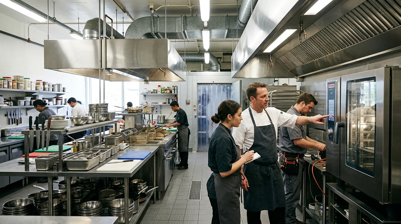 Commercial hotel kitchen during equipment commissioning with chef inspecting a combi oven, prep tables with organized cookware and smallwares