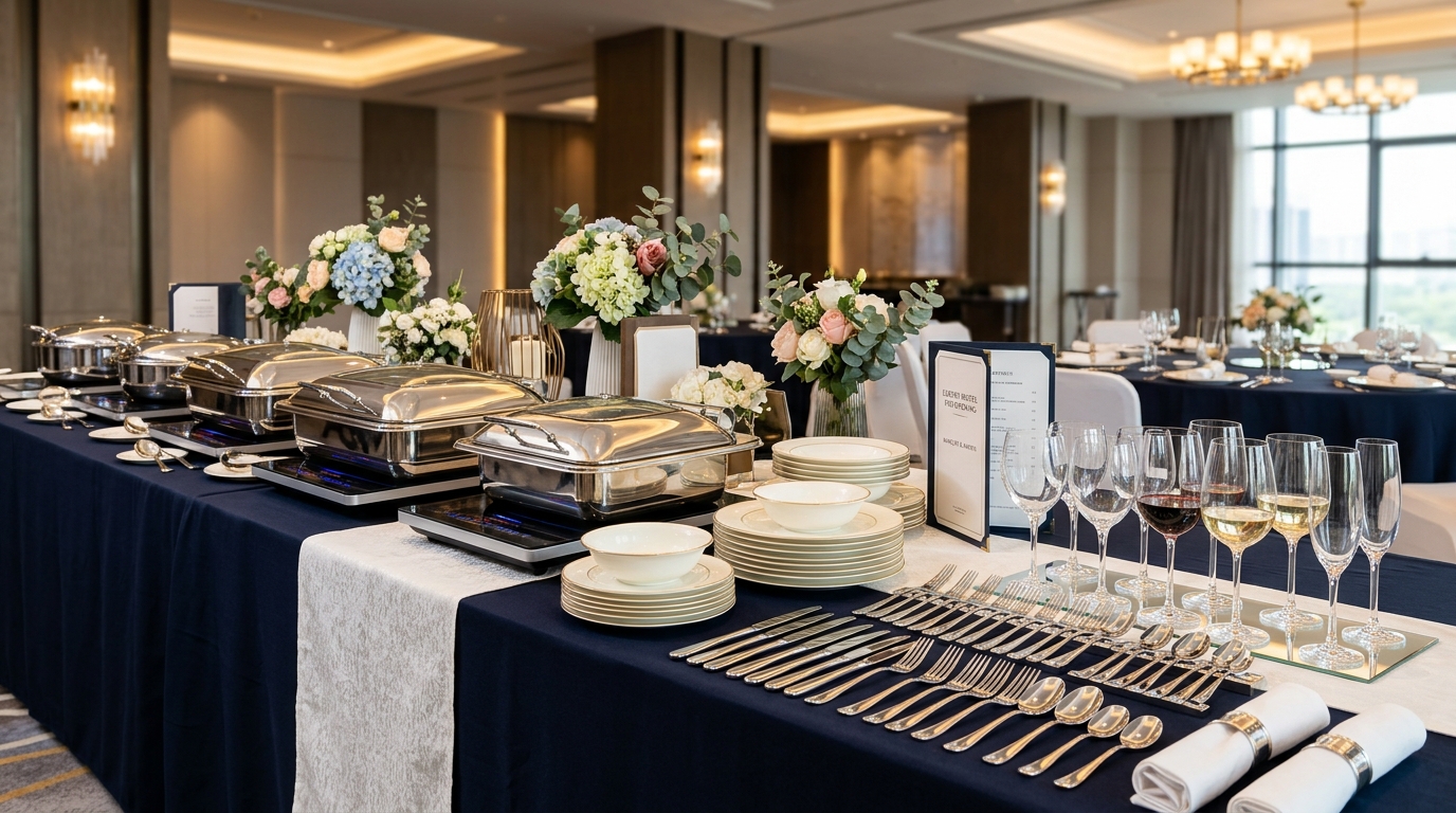 Commercial hotel banquet and F&B operating supplies presentation displaying induction chafing dishes, fine bone china, and polished flatware.