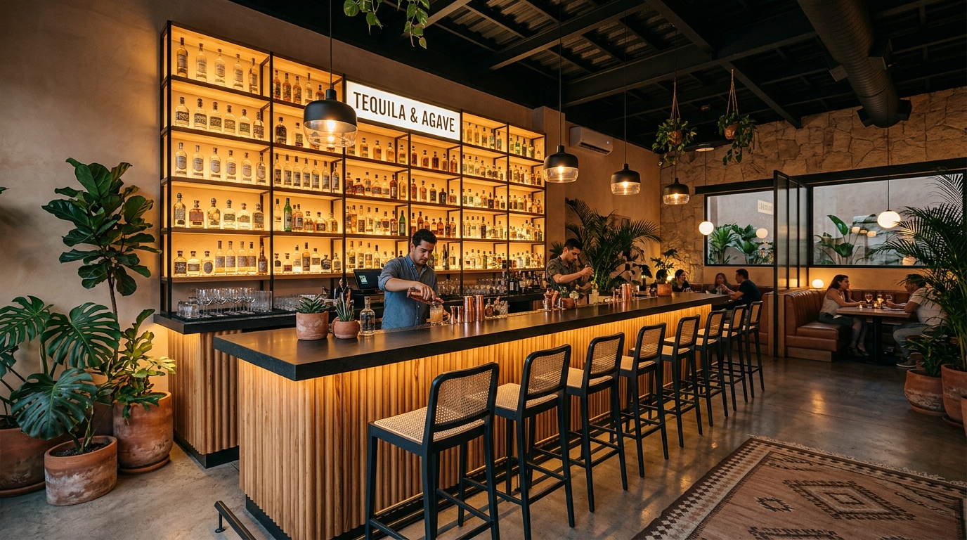 Commercial Mexican cocktail bar featuring back-lit artisanal agave display, fluted wood bar front, and blackened steel framing.